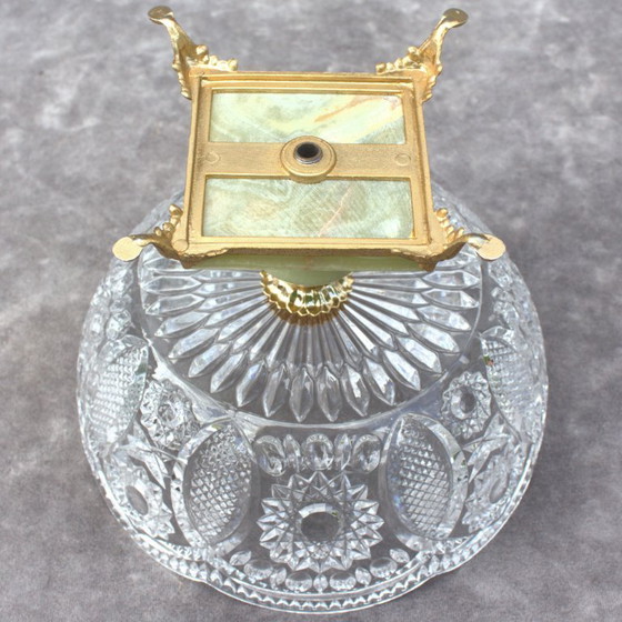 Image 1 of Mid century glas cutted fruit bowl brass colored ornate legs onyx centerpiece