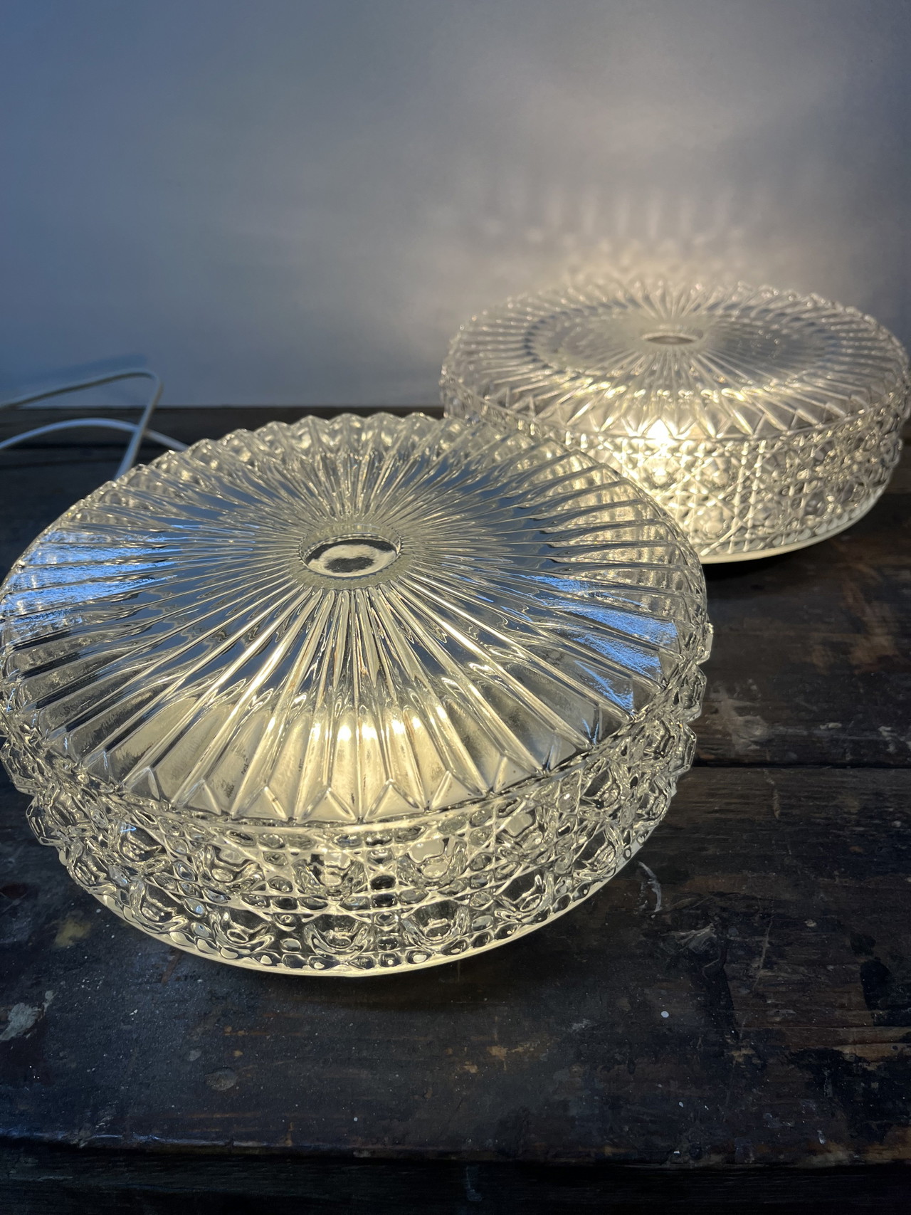 2 large vintage crystal prism ceiling lamps