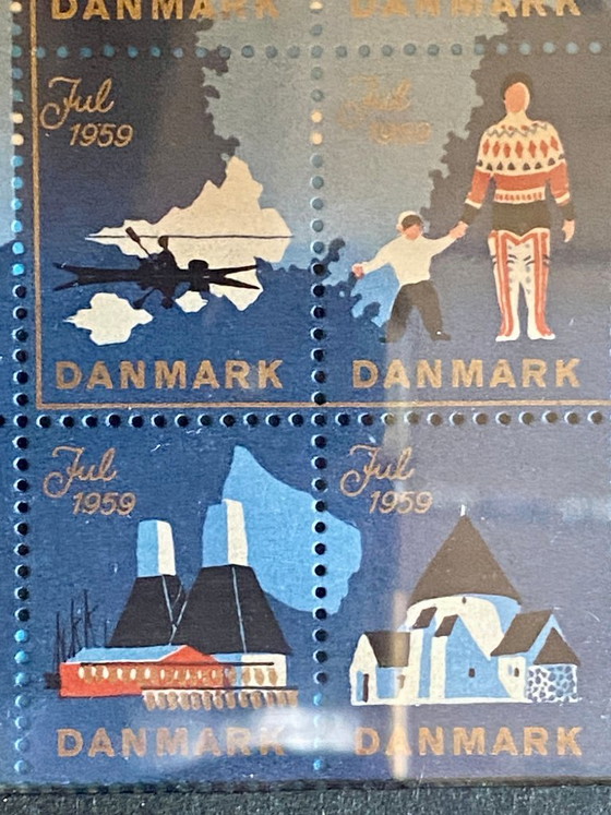 Cinque fogli originali incorniciati di francobolli natalizi danesi (1959-1964) – Stampe artistiche, Carta (photo 4 of 20)