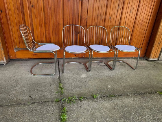 Italian Dining Chairs by Gastone Rinaldi, 1970s, Set of 4, Metal, Textile, Italian Design (photo 5 of 10)