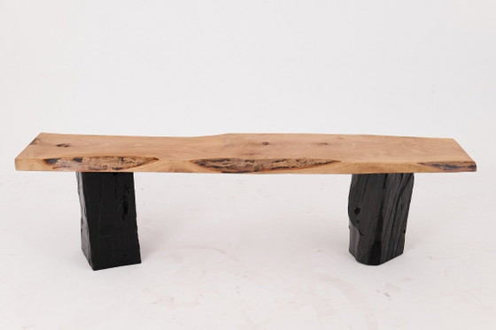 Image 1 of Live Edge Solid Wood Bench with Charred Legs, Organic Modern by Logniture