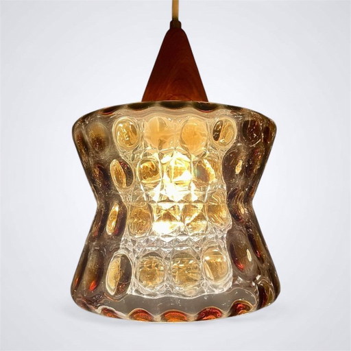 Cozy Mid-Century Scandinavian Pendant in Amber Glass & Teak — Orrefors by Carl Fagerlund, 1960s