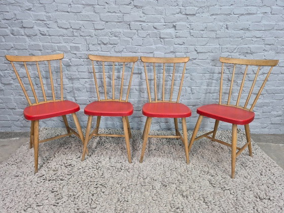 Image 1 of Vintage Design Set of Four Spindle-Back Kitchen Chairs – Beech Wood with Red Leatherette Upholstery, Northern Europe, 1960s