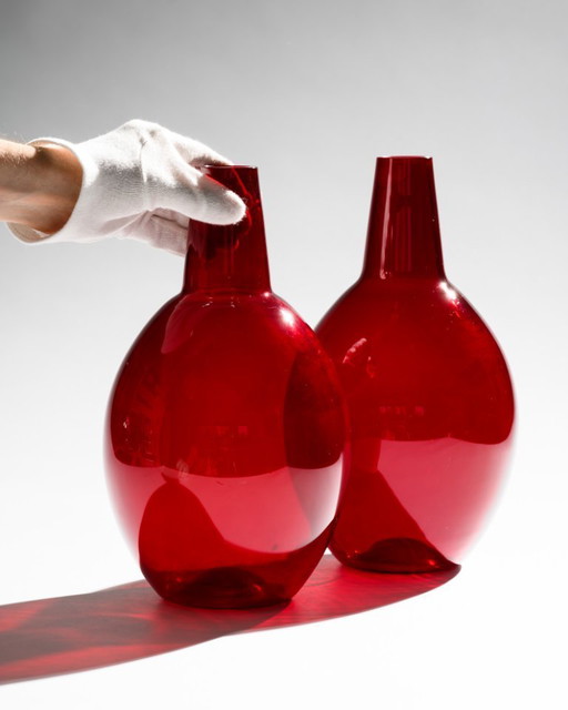 Hirschberg “Kalabasse” Ruby Red Sculptural Glass Vase Duo Wilhelm Braun-Feldweg