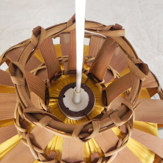 Image 1 of Lampada a sospensione vintage con paralume in rattan, foglia di palma e tessuto, anni '70