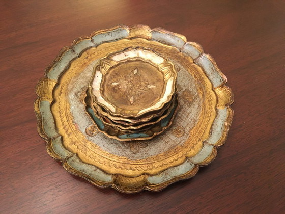 Image 1 of Set of bottle coaster and 6 glasses in Florentine style