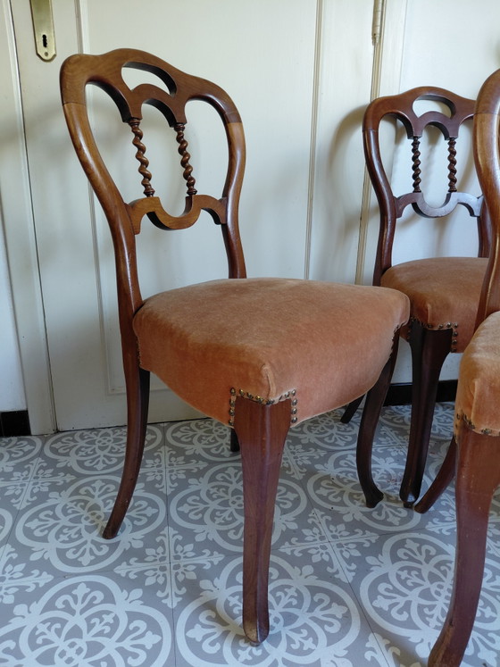 Juego de 4 sillas de comedor antiguas estilo Biedermeier - Buen estado – Velvet, Wood (photo 4 of 13)