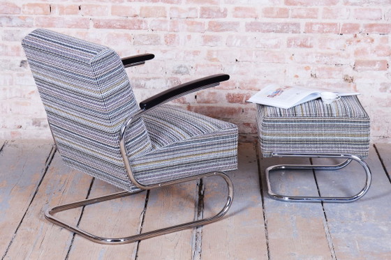 Restored Bauhaus Armchair With Stool, By W. Gispen, Mücke-Melder, Czech, 1930s – Textile, Wood (photo 2 of 19)