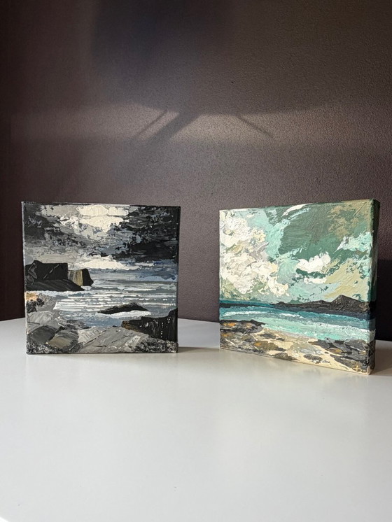 Image 1 of Sky & Stone II – modern abstract coastal landscape – 20x20 cm on 4 cm thick stretcher frame