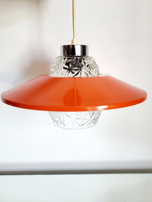 Vintage ufo pendant lamp orange metal, glass shade, Chrome finish, 1950s