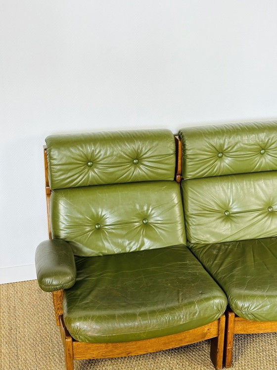 Image 1 of Scandinavian sofa in green leather and oak, 1960, Set of 3