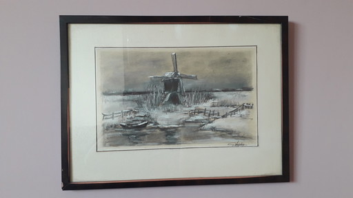Beautiful sketch, painting, Mill by G. Snijder