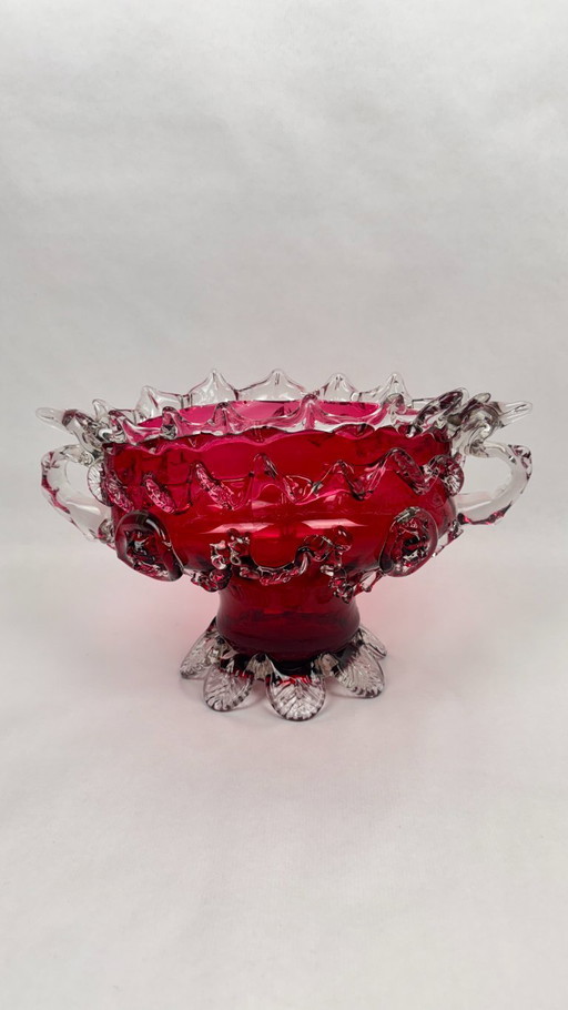Large centerpiece in ruby red glass and applied crystal, decorated with masks, 20th century