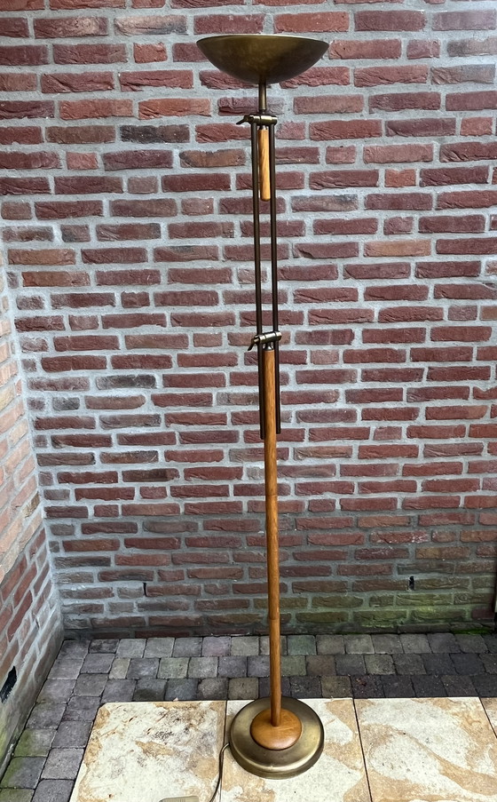 Image 1 of Vintage Deense Eikenhouten/Bronzen Vloerlamp