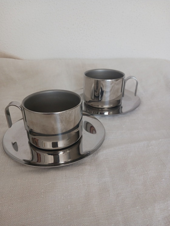 Image 1 of Set Van 4 RVS Espresso en Koffie Kop en Schotel Jaren '80