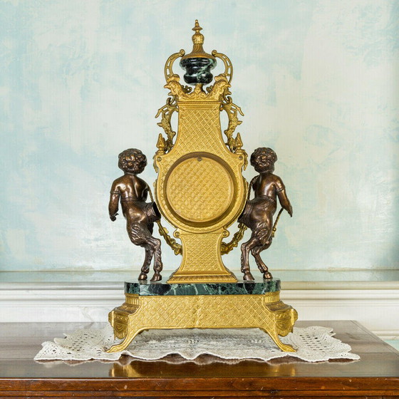 Image 1 of Pair of candelabra and clock in Verde Alpi marble and bronze, 50s