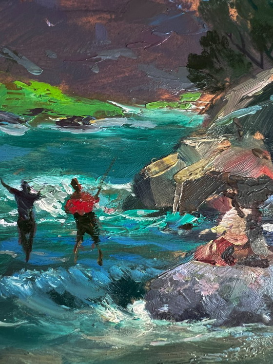 Image 1 of Dipinto ad olio originale. Pesca estiva in un fiume di montagna.