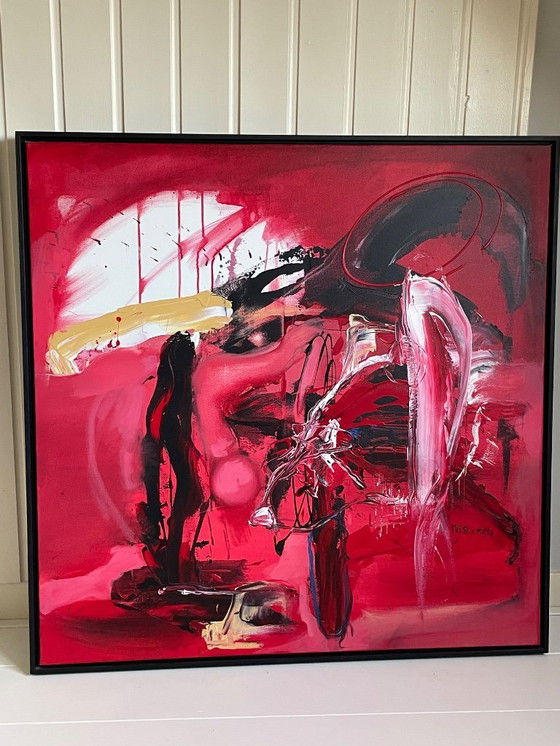 Image 1 of Abstract painting on canvas, in black wooden frame