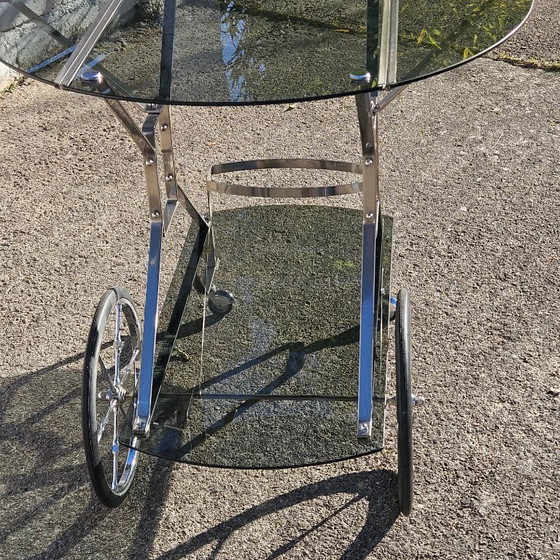 Image 1 of French Mid-Century Smoked Glass and Chrome Bar Trolley-Drop Leaf Bar Cart-Vintage Two Tier Dessert-Bar Trolley-60s