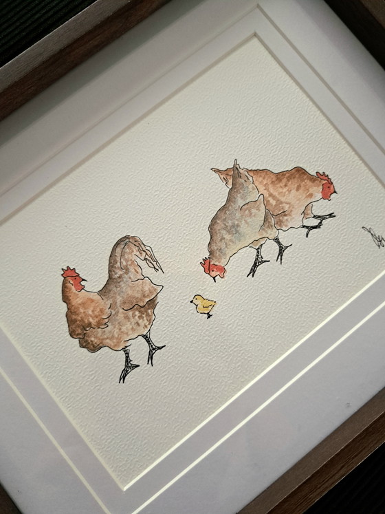 Image 1 of Original watercolor painting of chickens including frame