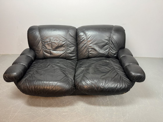 Image 1 of Beautiful Big Black Leather Postmodern Italian Design Space Age 2-Seat Lounge Sofa with Brass Buttons and Playful Cord Lacing.