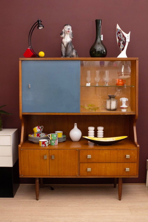 Image 1 of Jaren 50 buffetkast met blauwe en glazen schuifdeur