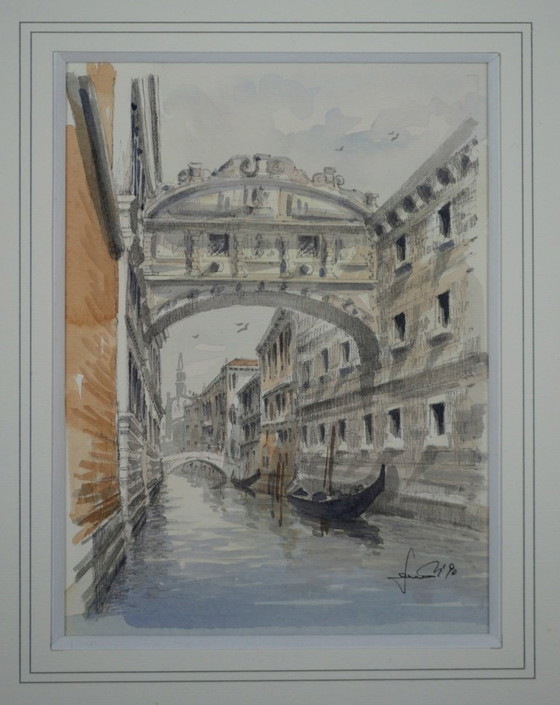 Image 1 of The Bridge of Sighs, Venice - Watercolor drawing dated 1990, signed and framed