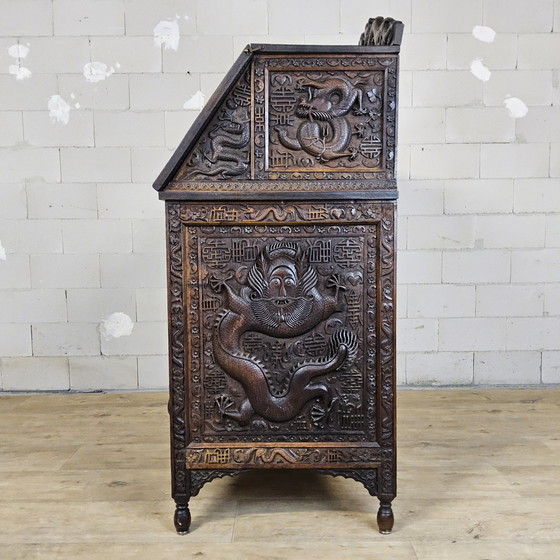 Image 1 of Antique 19th Century Chinese Writing Desk Mythological Dragon Wood Carving / Bohemian / Asian / Oriental (Huanghuali Wood)