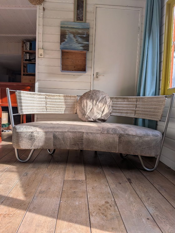 Curved Loveseats with metal frame and woven backrest, Textile, Grey, Modern (photo 2 of 9)