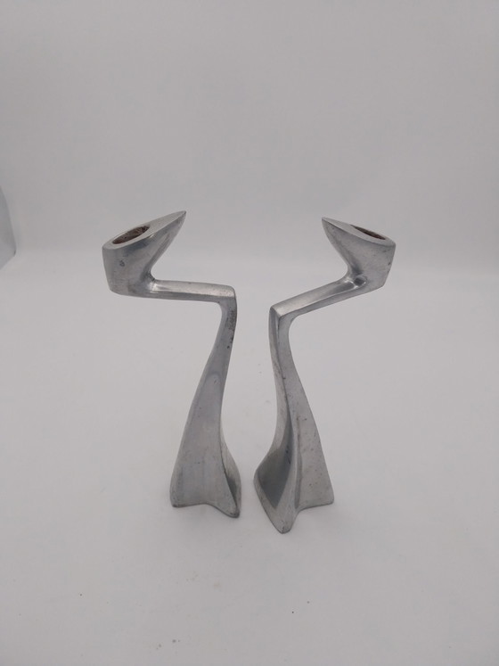 2 x set of 2 Mathew Hilton aluminum "swan" candle holders 1980's, Aluminium, Silver (photo 3 of 5)