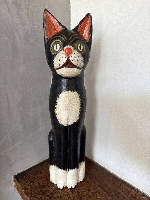 Vintage houten kat zwart wit 41cm