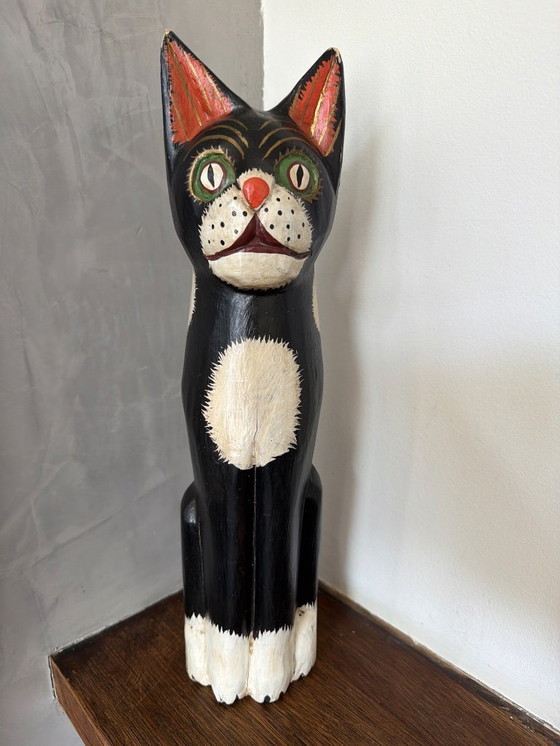 Image 1 of Vintage houten kat zwart wit 41cm
