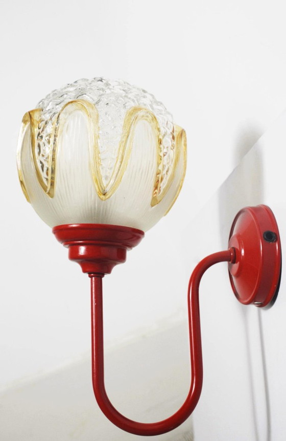 Red Wall Sconce Massive Belgium with Richard Essig Textured Glass Globe, Mid Century Space Age Lighting (photo 5 of 22)