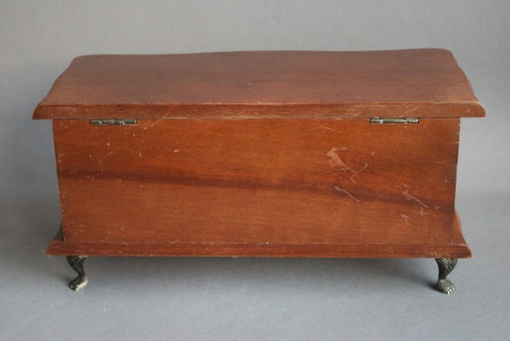 Image 1 of Vintage houten sieradendoos op metalen pootjes, massief hout, met 1 lade