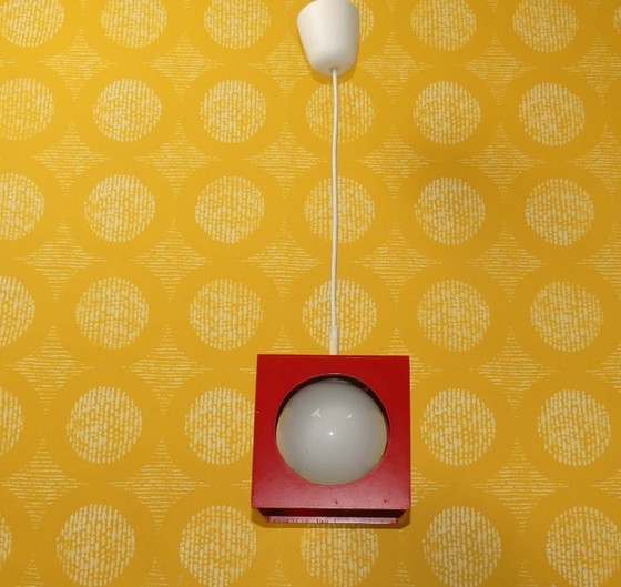 Image 1 of 70s hanglamp kubus blauw hout opaal glazen bol "Richard Essig" vintage retro