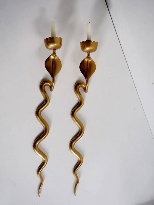 Candlestick Pair Of Mid Century Snake Candle Holders - Bronze