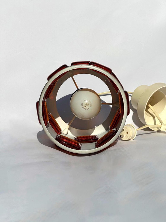 Erik Höglund & Einar Bäckström pendant lamp, red glass inserts, 1970s, Orrefors, Aluminium, Silver (photo 5 of 5)