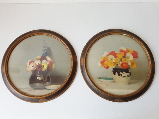 ENSEMBLE DE 2 CADRES RONDS ART DECO VINTAGE 1940 1950 CECILE HAY BOOTS 40S 50S