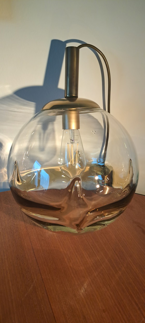 Image 1 of 🟡DORIA Pendant Light 1970s – Hand-blown Glass Globe Ø30 cm – Amber / Smoked Gold – Vintage Mid-Century