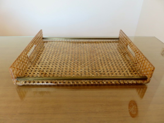 Image 1 of "CHRISTIAN DIOR" tray, France, circa 1970, plexiglass, lucite with caning inclusions