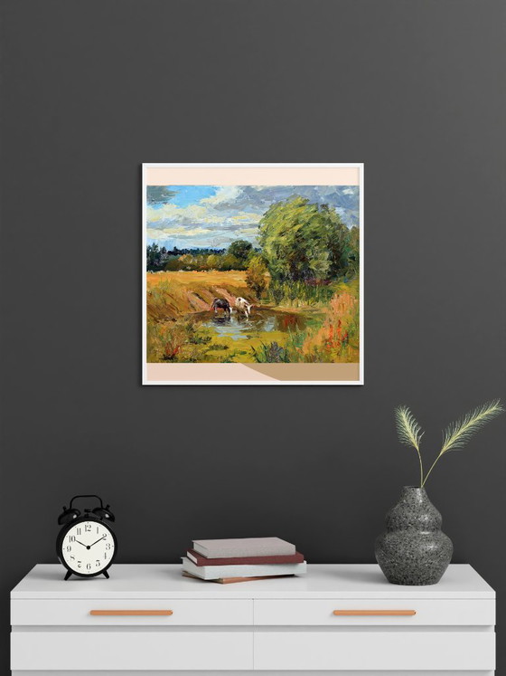 Peinture à l'huile originale Paysage naturel Campagne Pâturage Au point d'eau – Peintures et dessins, Canvas (photo 2 of 8)