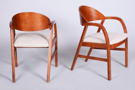 Pair of Restored Mid-Century Armchairs, Reupholstered, Cherry Wood, Czech, 1970s – Textile (photo 6 of 18)