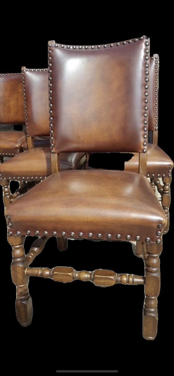 6 chaises de salle à manger classiques en chêne et cuir, Métal, Marron (photo 3 sur 6)