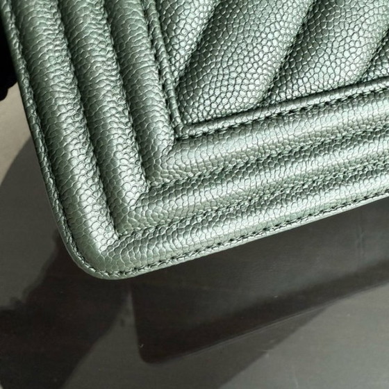 Image 1 of Chanel Boy Medium - Caviar 25CM Chevron Dark Green Ruthenium Silver Hardware Series 26