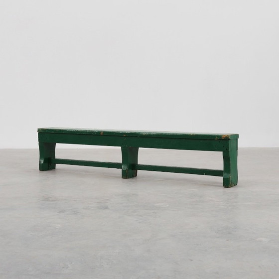 Image 1 of Panca rustica primitiva verde in rovere massiccio, Francia ca. 1900