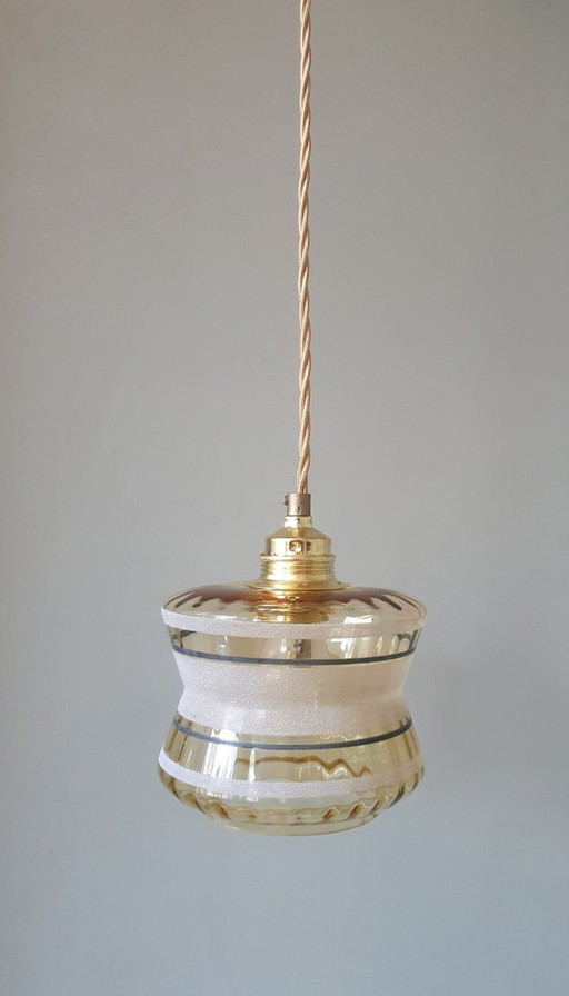 Vintage hanglamp - amberkleurig glas met frosted textuur 
