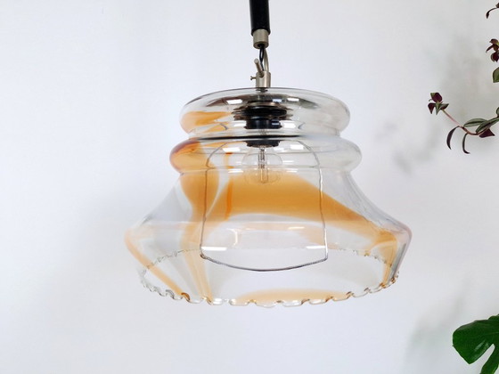Image 1 of Vintage Murano Glass Pendant Light / Orange & White / Mid Century Modern Hanging Lamp / Italy 1970s