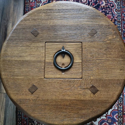 1950/60 brutalist Massief Eikenhouten handgesmede ijzeren salontafel