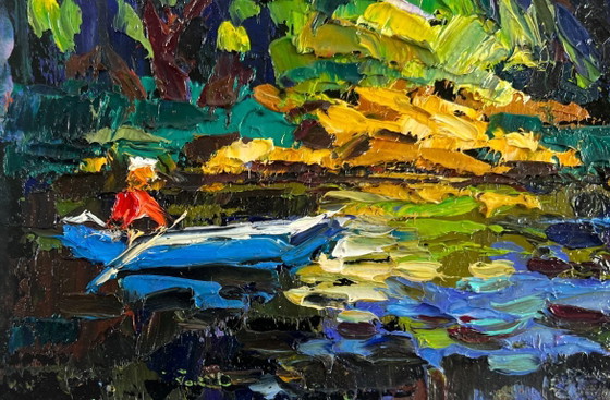 Image 1 of Original Oil Painting Summer River Landscape Evening colors of the sky