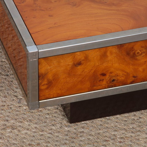 Square coffee table in burl wood in the style of Willy Rizzo, 1970